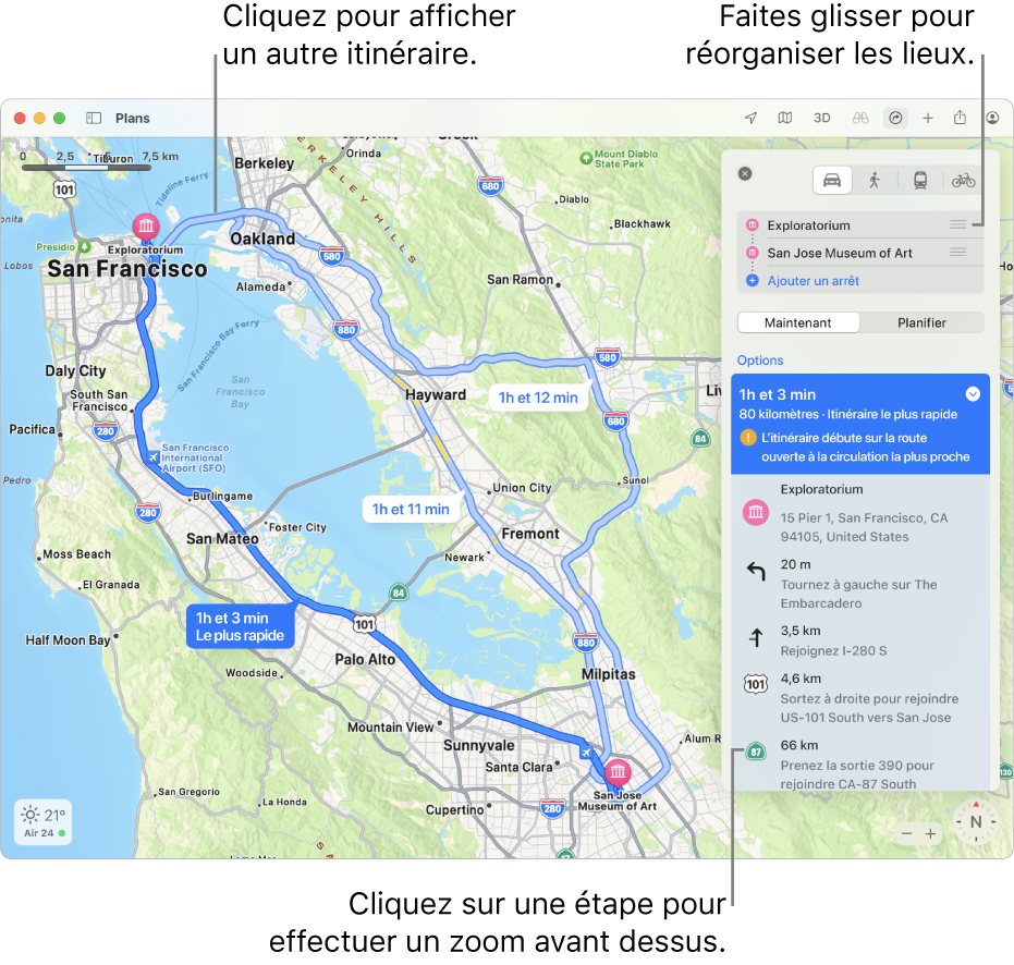 Un plan de la région de San Francisco avec un itinéraire en voiture entre deux lieux. Des routes alternatives sont également affichées sur le plan.