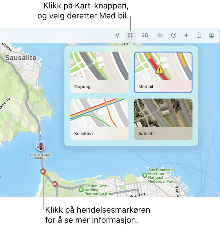 Et kart over San Francisco med visningsalternativer for kart, kjørekartet markert og trafikkinformasjon på kartet.