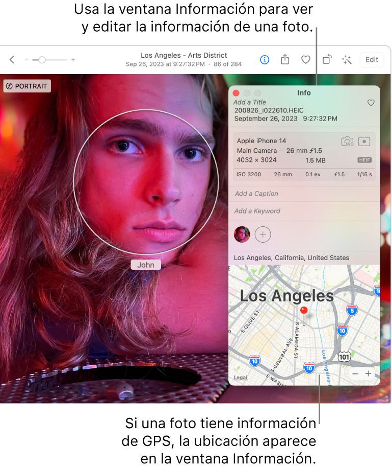 La ventana de información de una foto.