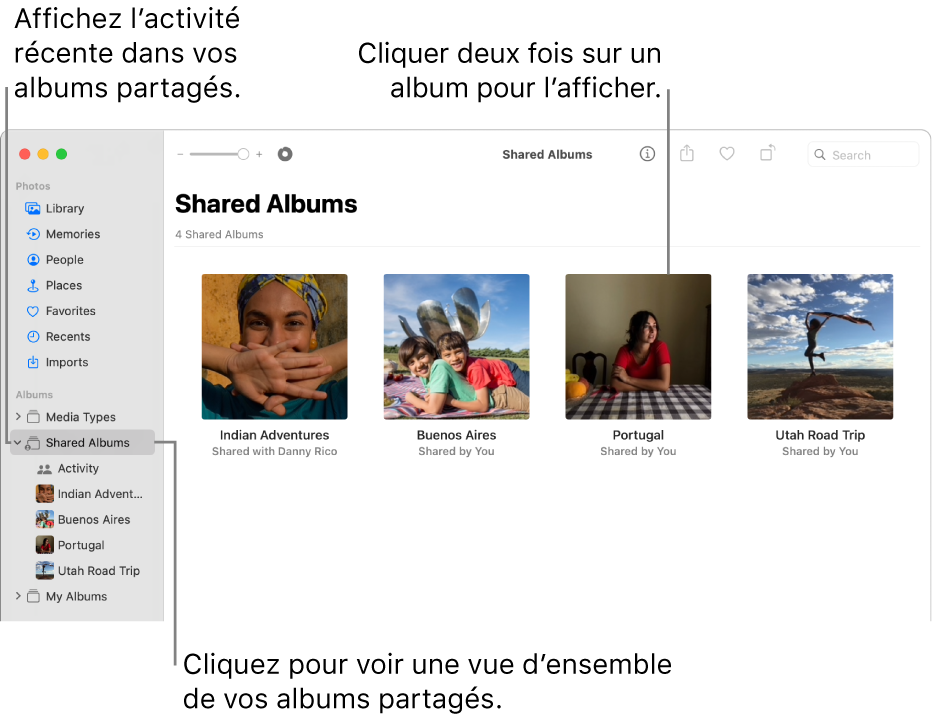 La fenêtre Photos montrant « Albums partagés » sélectionné dans la barre latérale et les albums partagés qui s’affichent à droite.