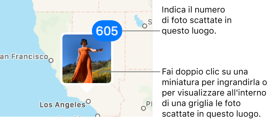 Una miniatura della foto su una mappa, con un numero nell’angolo superiore destro che indica il numero di foto scattate in quella località.