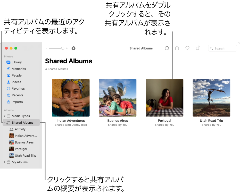「写真」ウインドウ。サイドバーで「共有アルバム」が選択されていて、共有アルバムが右側に表示されています。