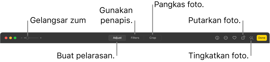 Bar alat Edit menunjukkan gelangsar Zum dan butang untuk membuat pelarasan, menambah penapis, memangkas foto, memutar foto dan meningkatkan foto.