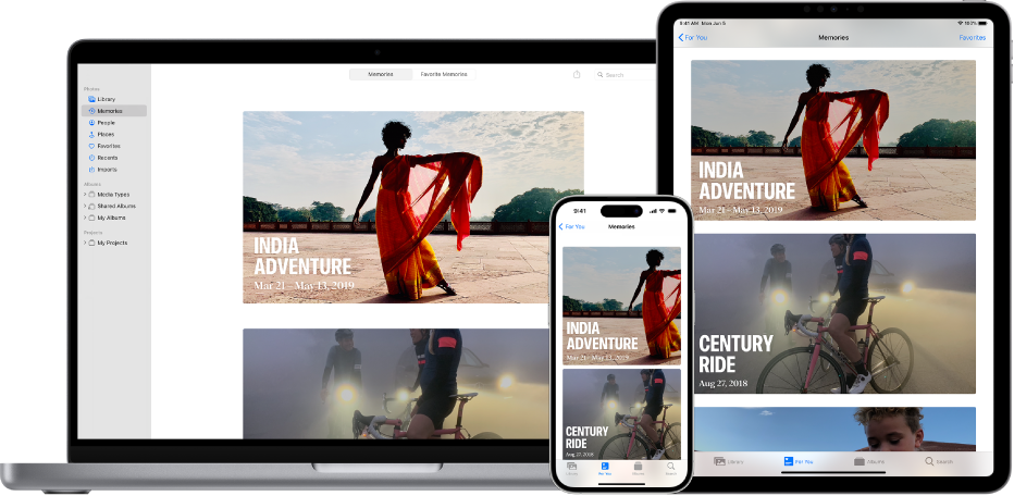 iPhone, MacBook oraz iPad, wszystkie wyświetlające te same zdjęcia na ekranach.