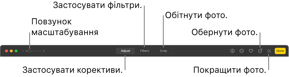 Панель інструментів редагування з повзунком масштабування, кнопками для виконання коригування, додавання фільтрів, обтинання фотографій, повертання фотографій та покращення фотографій.