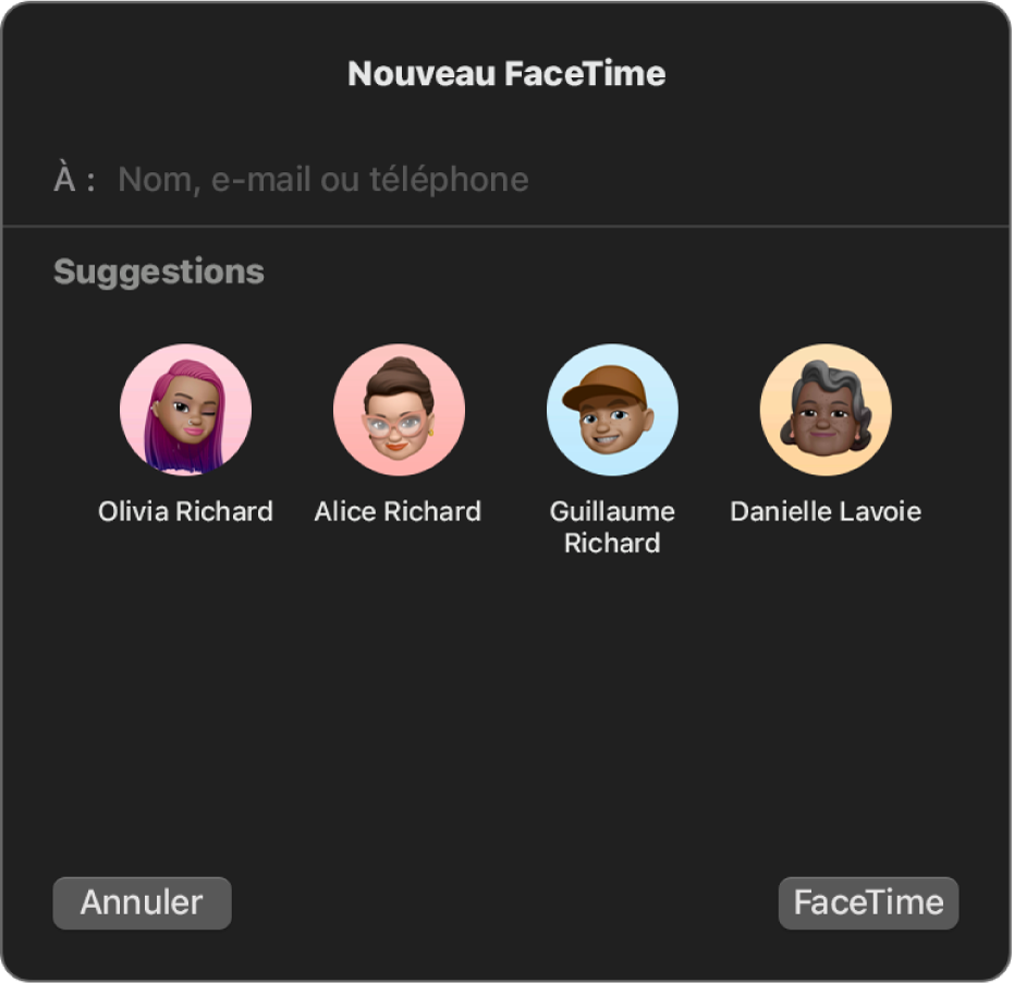 La nouvelle fenêtre FaceTime ; saisissez les appelants directement dans le champ À ou choisissez-les dans Suggestions.