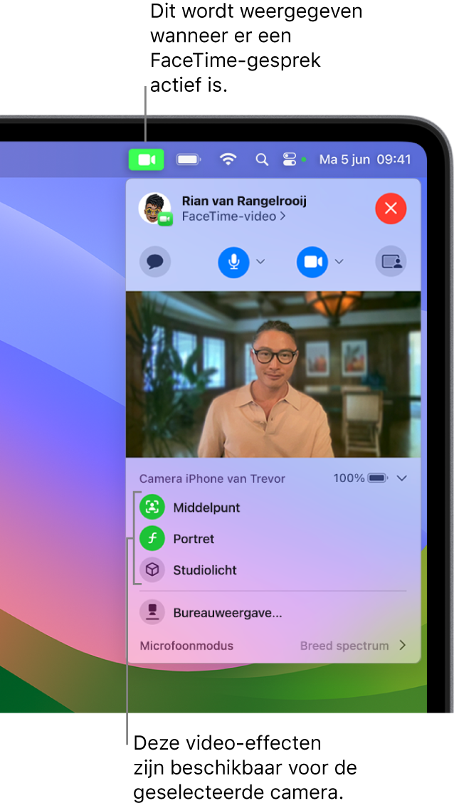 Het bedieningspaneel rechtsboven in het Mac-scherm, met de videoknop (die verschijnt op ondersteunde Macs) en drie beschikbare video-effecten.