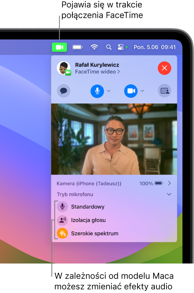 Centrum sterowania w prawym górnym rogu ekranu Maca. Widoczny jest przycisk wideo (wyświetlany podczas połączenia FaceTime) oraz opcje trybu mikrofonu (pozwalające zmieniać efekty wideo i dźwięku, zależnie od modelu Maca).