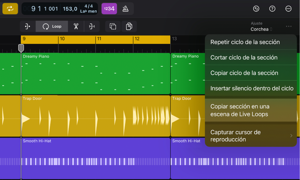 Ilustración. Menú Más de la barra de menús del área de pistas con la opción “Copiar sección en Live Loops” resaltada.