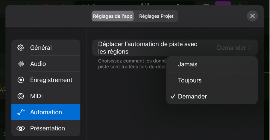 Figure. Section Automation de « Réglages de l’app ».