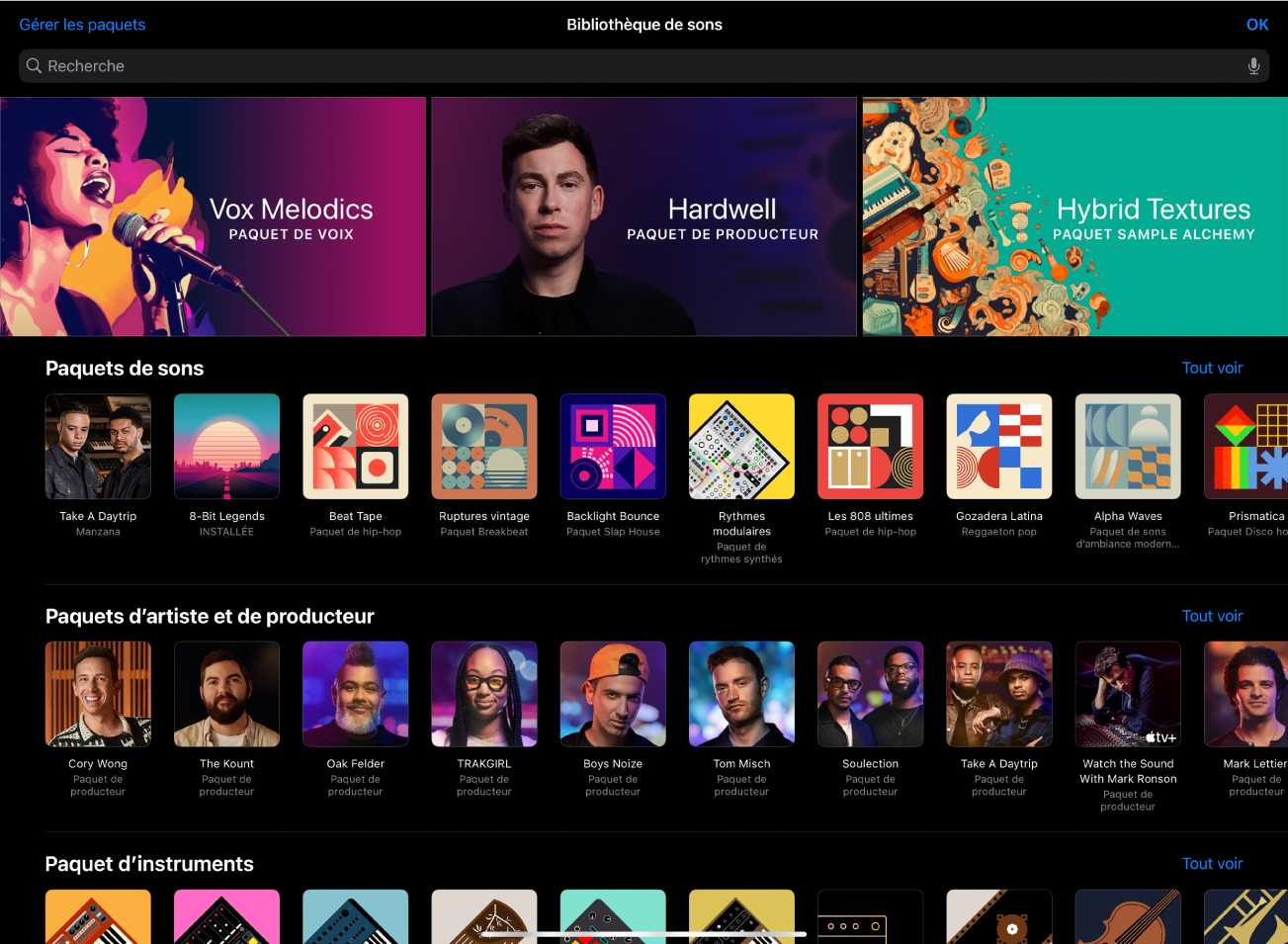 Figure. Bibliothèque de sons dans Logic Pro pour iPad.