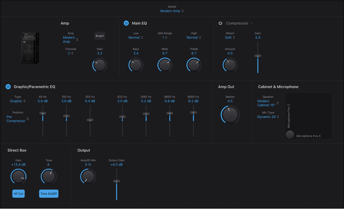 Figure. Fenêtre Bass Amp Designer reprenant les zones principales de l’interface.