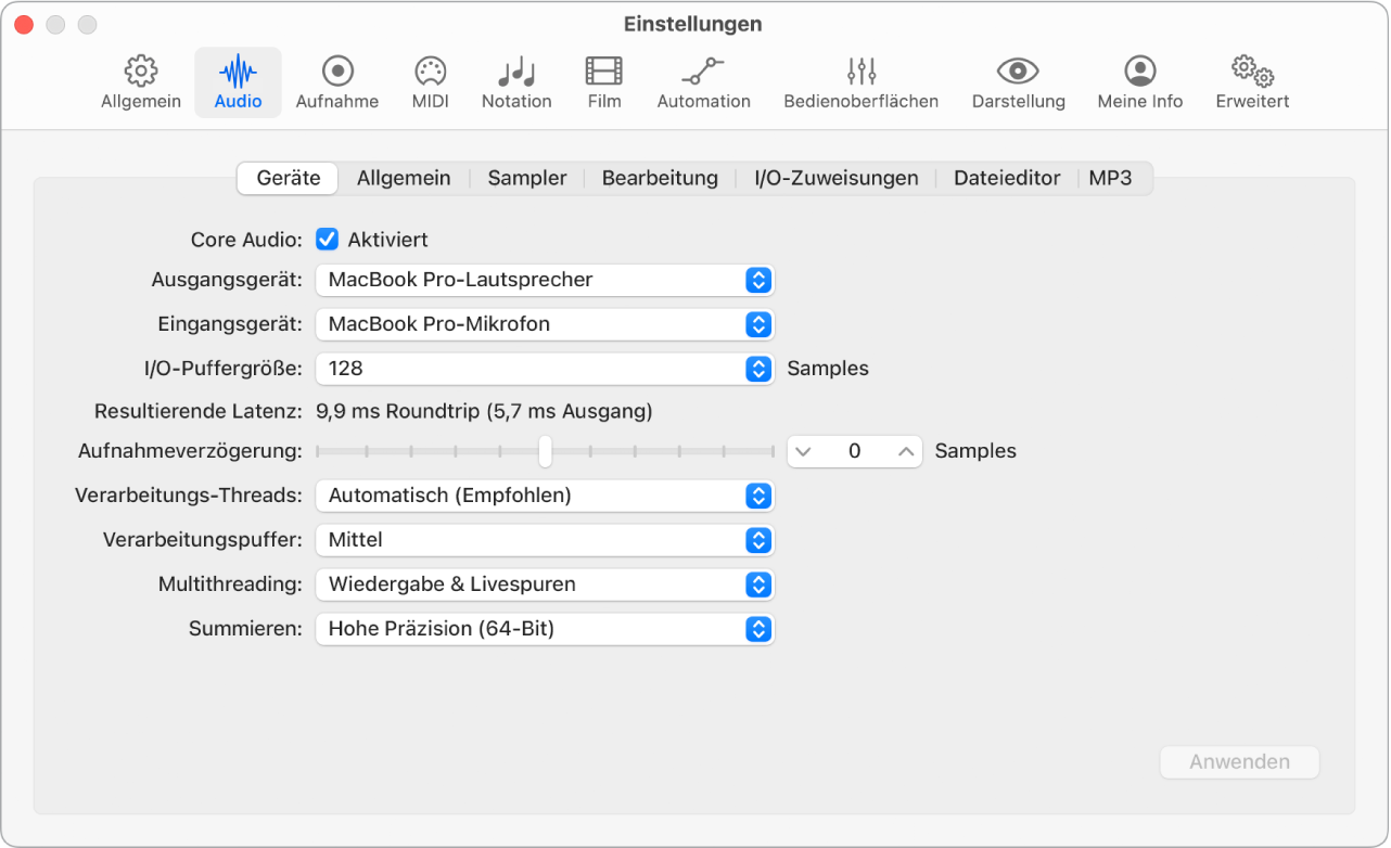 Abbildung. Einstellungsbereich „Audio“ > „Geräte“
