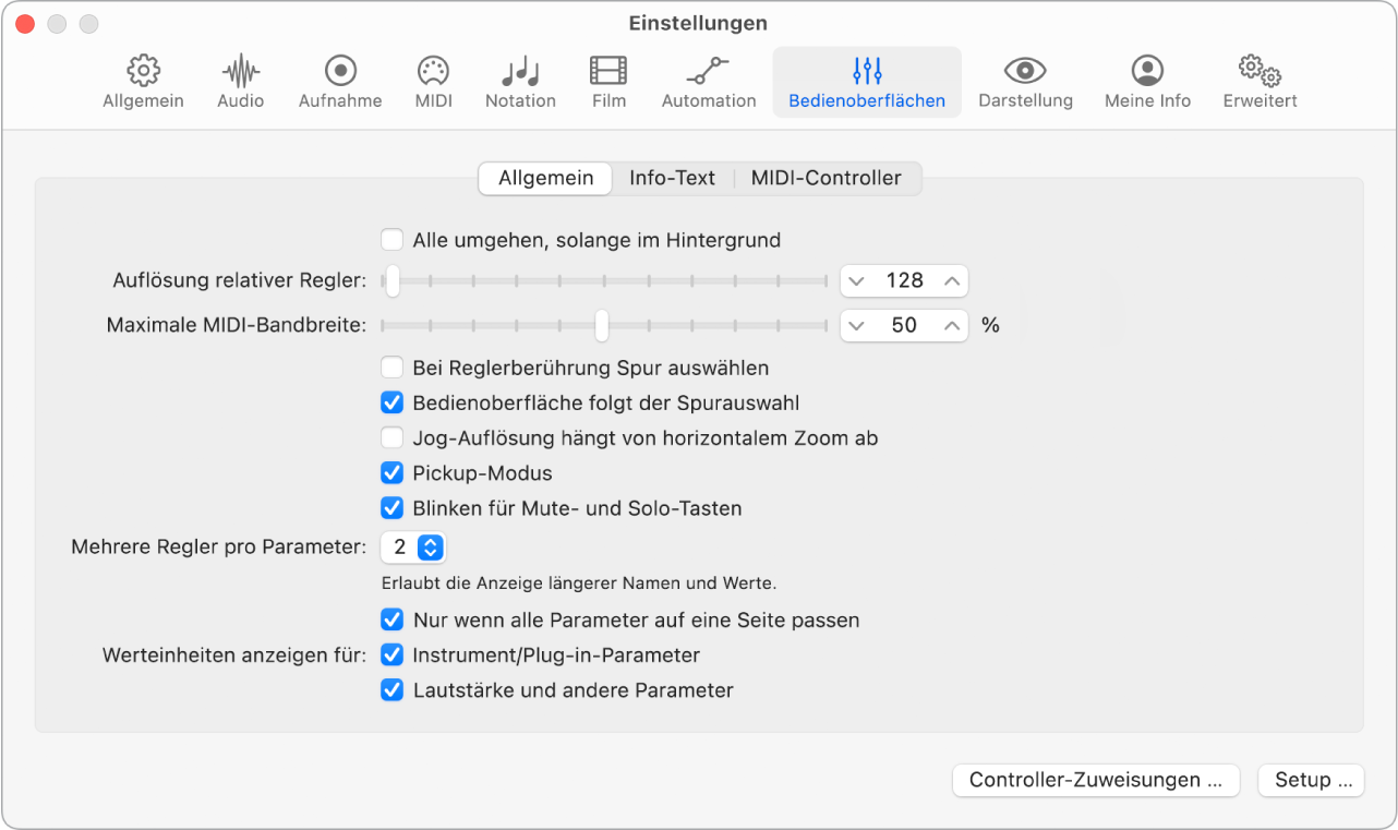 Abbildung. Einstellungsbereich „Bedienoberflächen“ > „Allgemein“