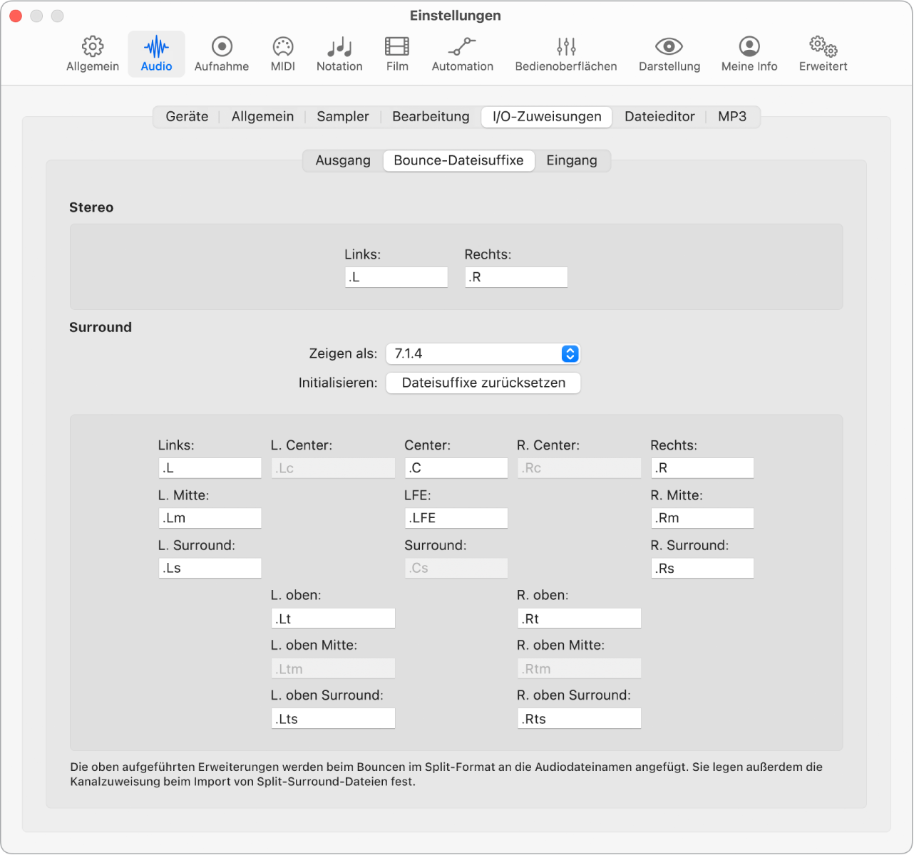 Abbildung. Einstellungsbereich „Audio“ > „I/O-Zuweisungen“ > „Bounce-Dateisuffixe“.