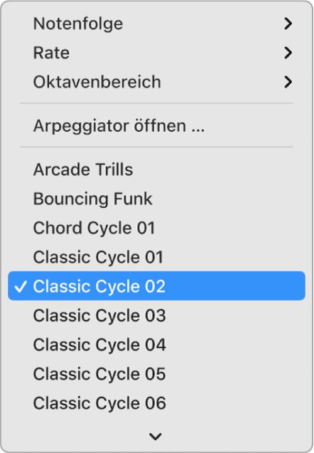 Abbildung. Einblendmenü „Arpeggiator“ in der Menüleiste des Bereichs „Smart Controls“