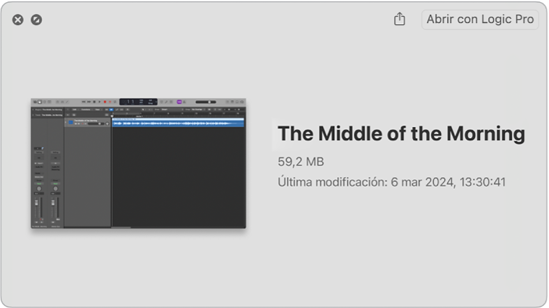 Ilustración. Imagen de Vista Rápida de un archivo de proyecto seleccionado en el Finder.
