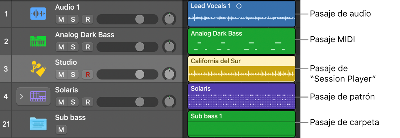 Ilustración. Tipos de pasaje con colores por omisión.