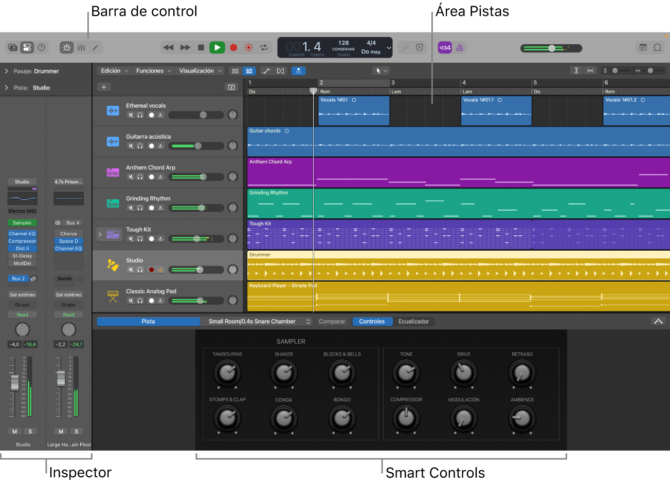 Ilustración. Ventana principal de Logic Pro con las áreas de trabajo principales.