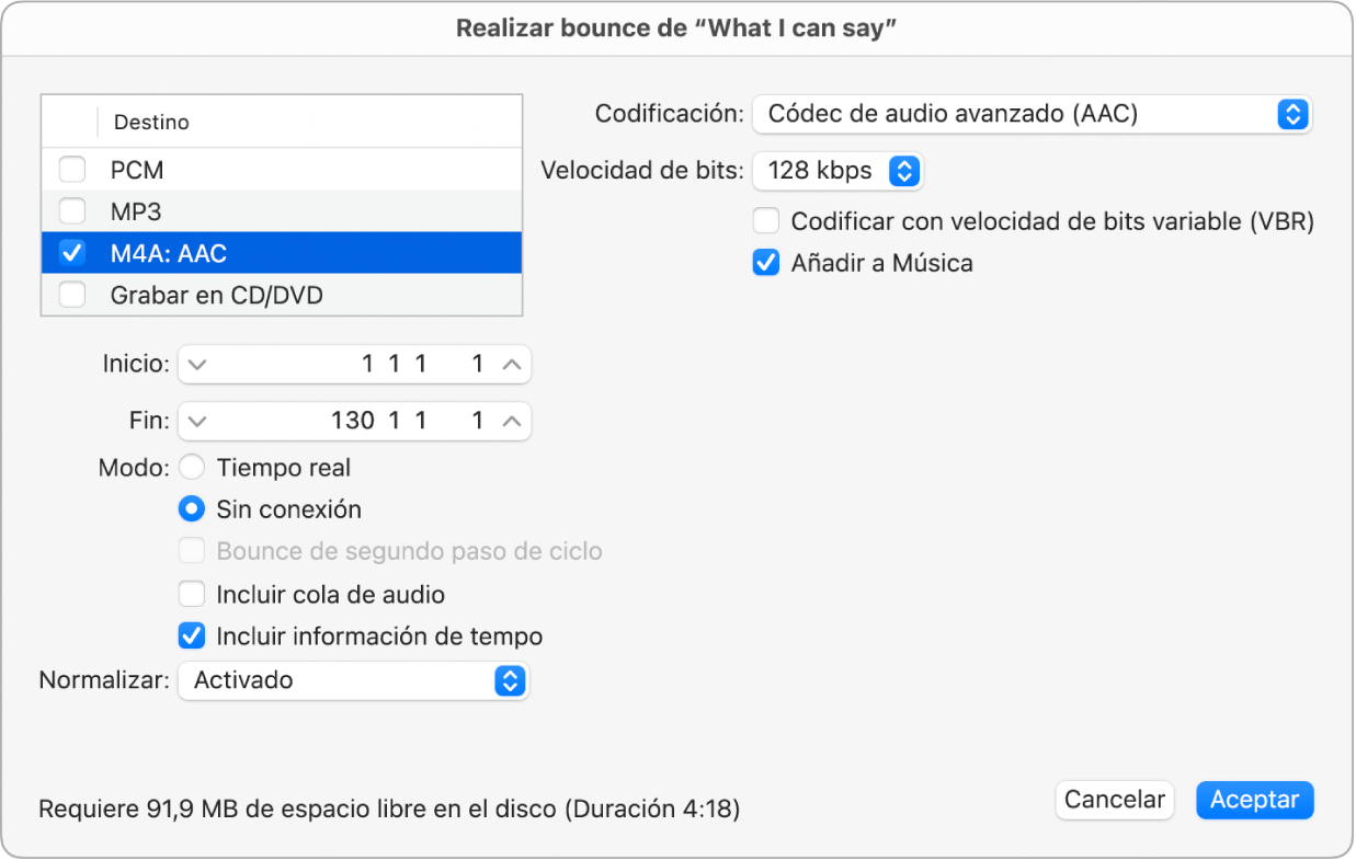 Ilustración. Opciones de formato “M4A AAC” en la ventana Bounce.