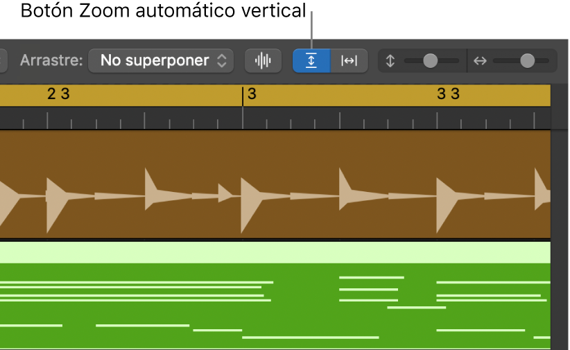 Los controles “Zoom de onda”, “Zoom automático vertical” y “Zoom automático horizontal” están en la barra de menús del área Pistas.
