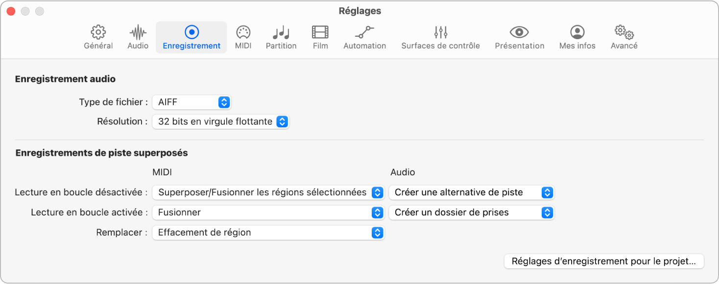 Figure. Réglages d’enregistrement.