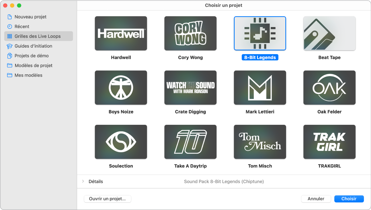 Figure. Sélecteur de projet affichant des grilles de Live Loops.