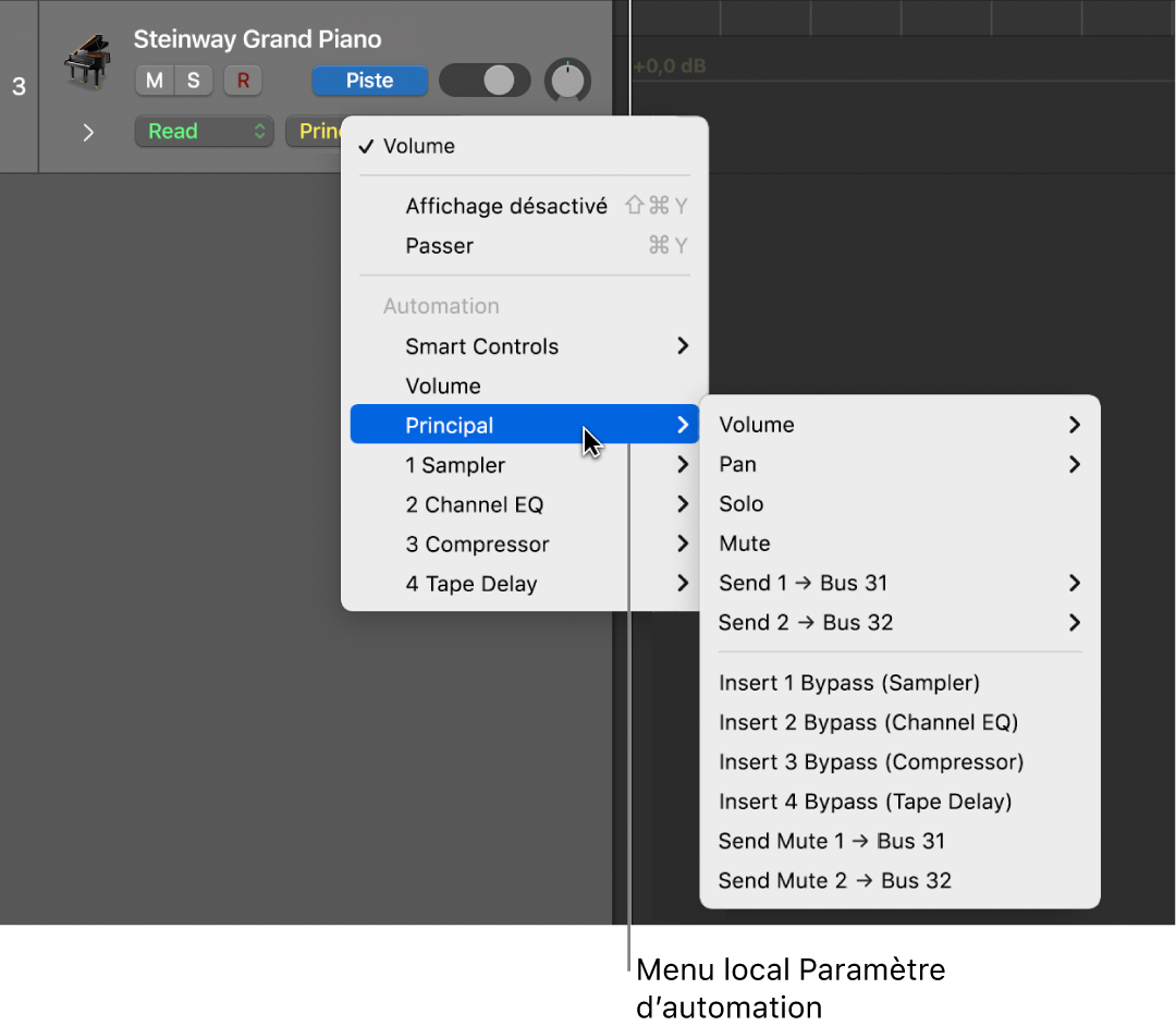 Figure. Menu local « Paramètres de l’automation » ouvert.