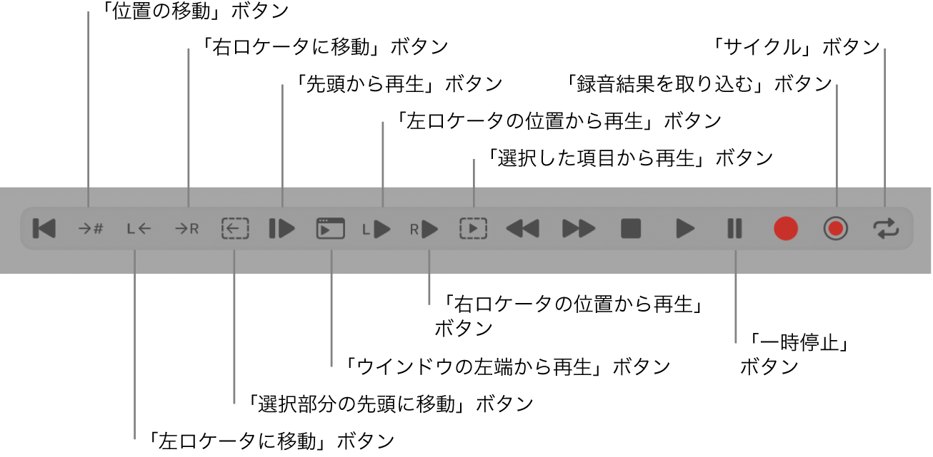図。トランスポートボタン。すべての追加トランスポートボタンが表示されています。