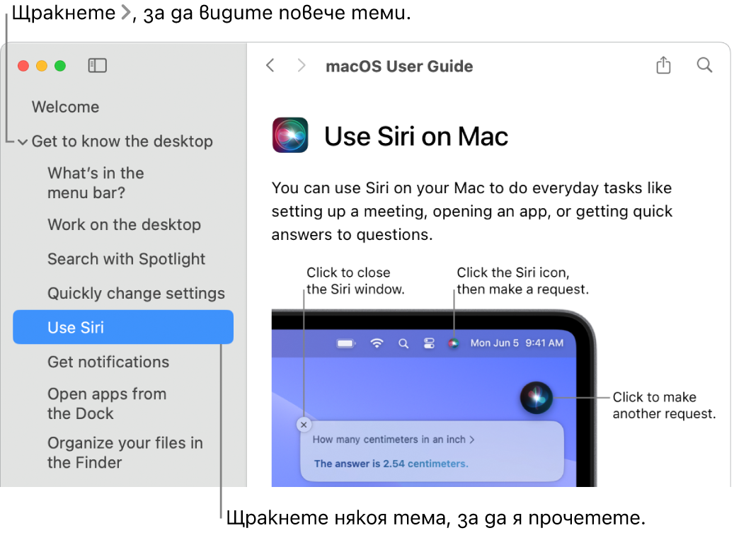 Преглед на Помощ с надпис, който описва как да преглеждате темите в страничната лента, и друг надпис, който описва как да показвате съдържанието на дадена тема.