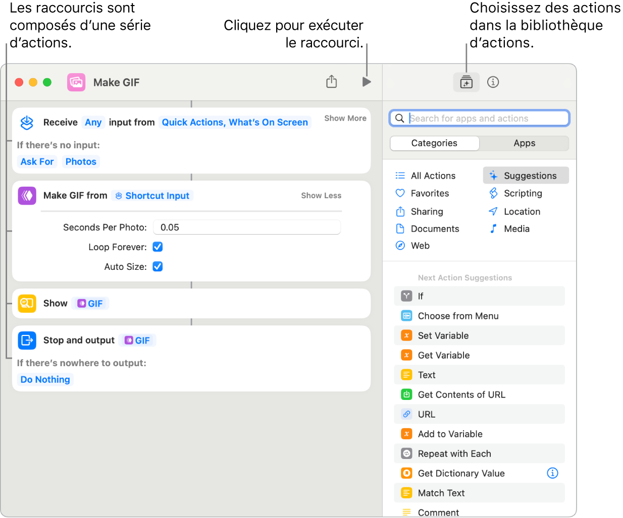 L’éditeur de raccourcis « Créer GIF » sur la gauche et la bibliothèque d’actions sur la droite.