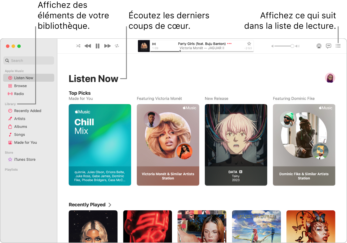 La fenêtre de l’app Musique indiquant comment afficher votre bibliothèque, écouter Apple Music et voir le prochain morceau.