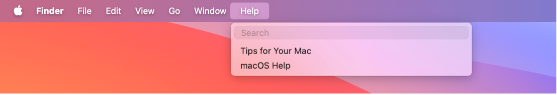 Daļējs darbvirsmas attēls ar atvērtu izvēlni Help, kurā redzamas izvēlnes opcijas Search un macOS Help.