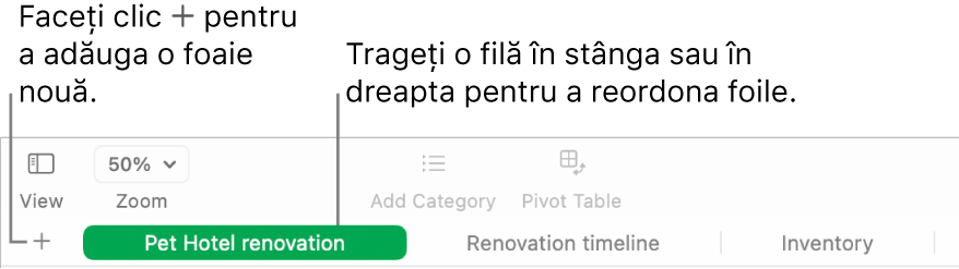 O fereastră Numbers afișând modul în care să adăugați o foaie nouă și cum să reordonați foile.