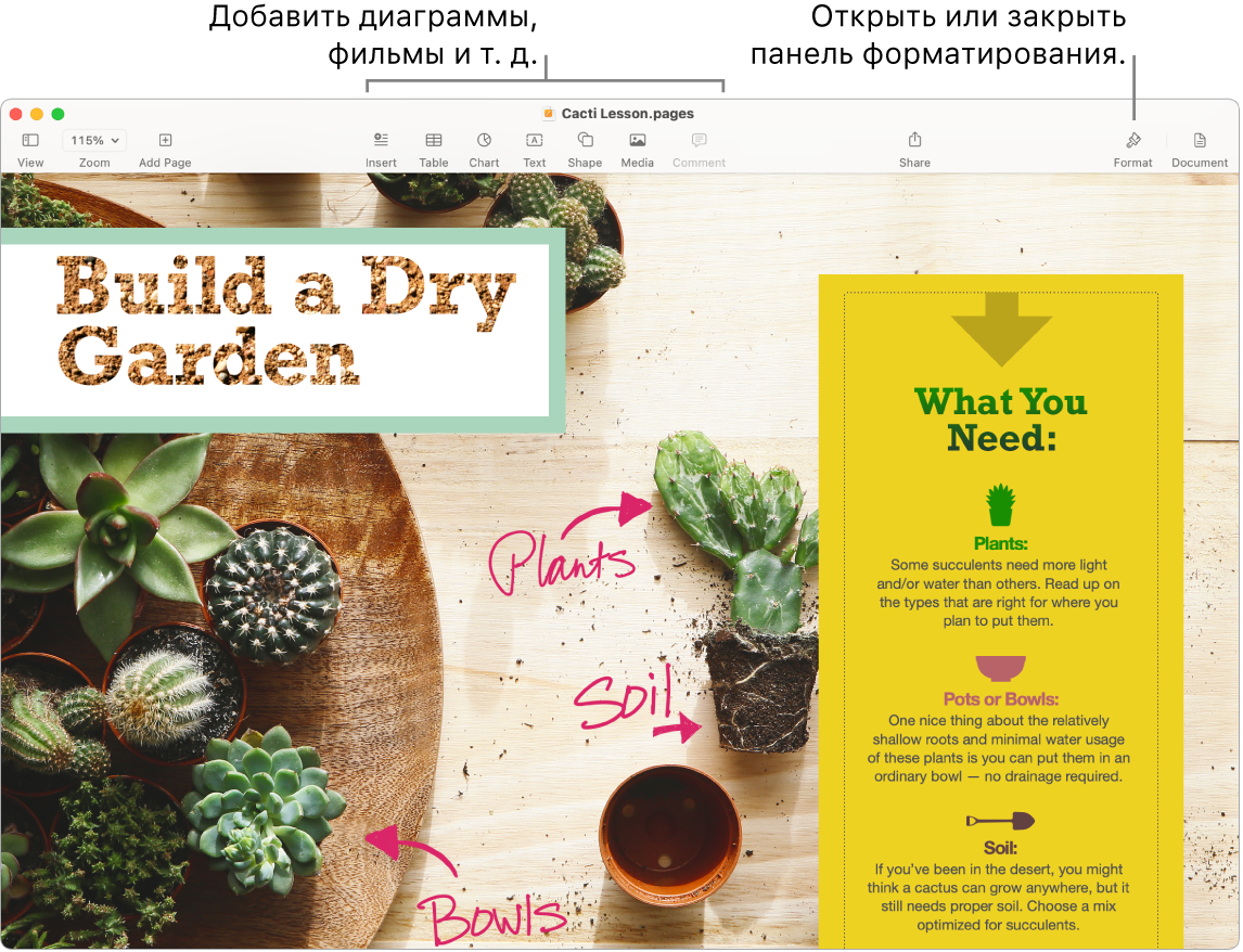 В окне Pages показана панель «Активность» под кнопкой «Совместная работа» в панели инструментов; работают два пользователя. Сносками отмечены кнопки добавления диаграмм, фильмов и других объектов в панели инструментов, а также кнопки открытия или закрытия бокового меню форматирования.