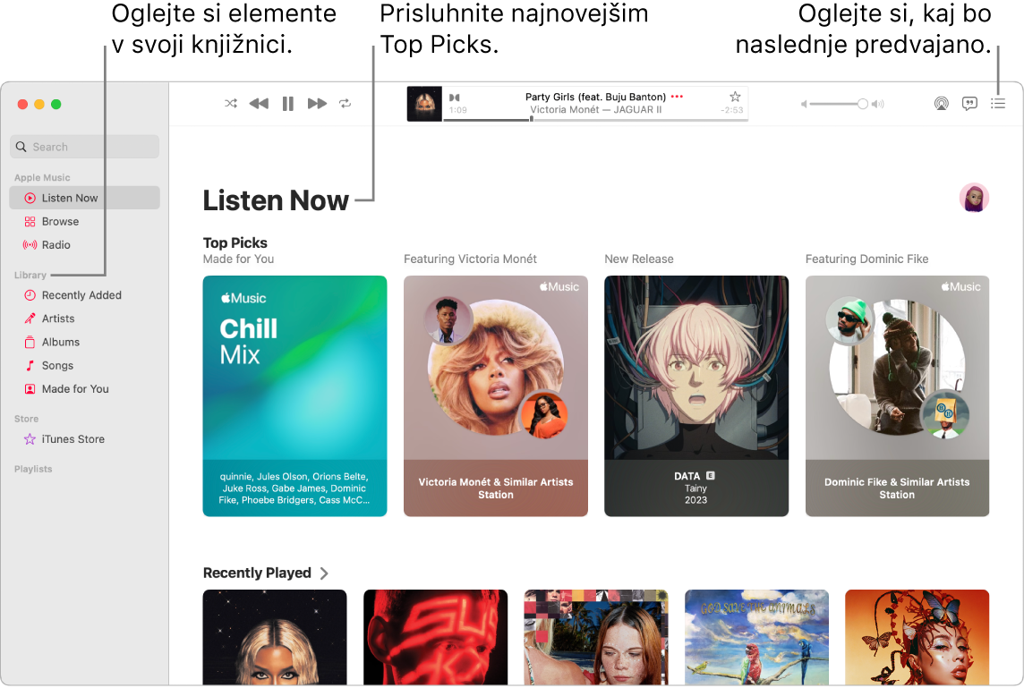 Okno aplikacije Music, v katerem je prikazano, kako si ogledate svojo knjižnico, poslušate glasbo Apple Music in si ogledate, katera skladba je naslednja.