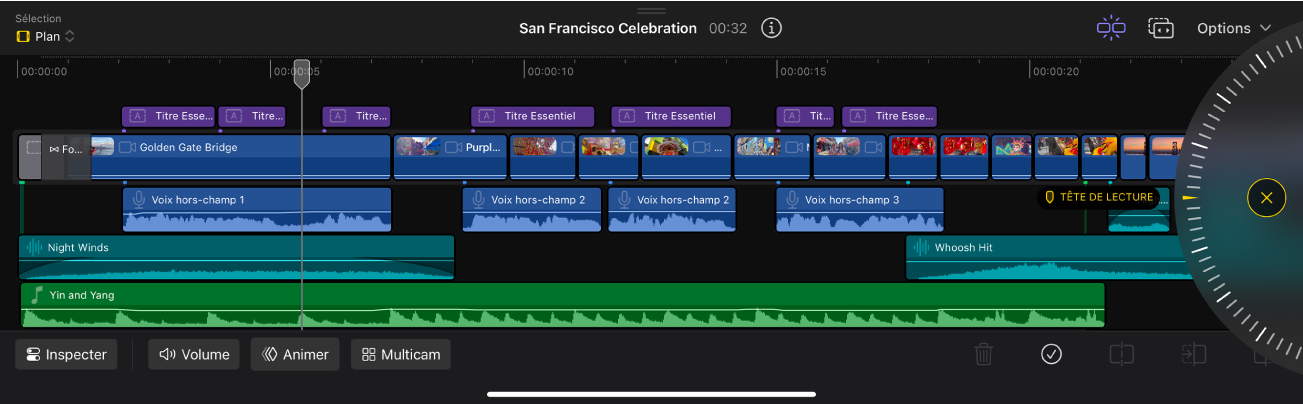 Timeline magnétique de Final Cut Pro pour iPad affichant des plans vidéo, audio et de musique