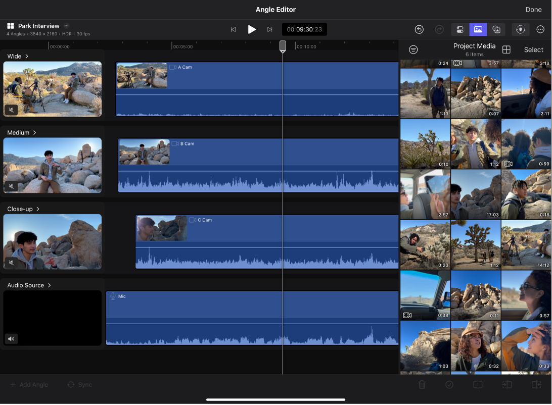 角度编辑器在单独的主道中显示角度中的片段,浏览器位于右侧。