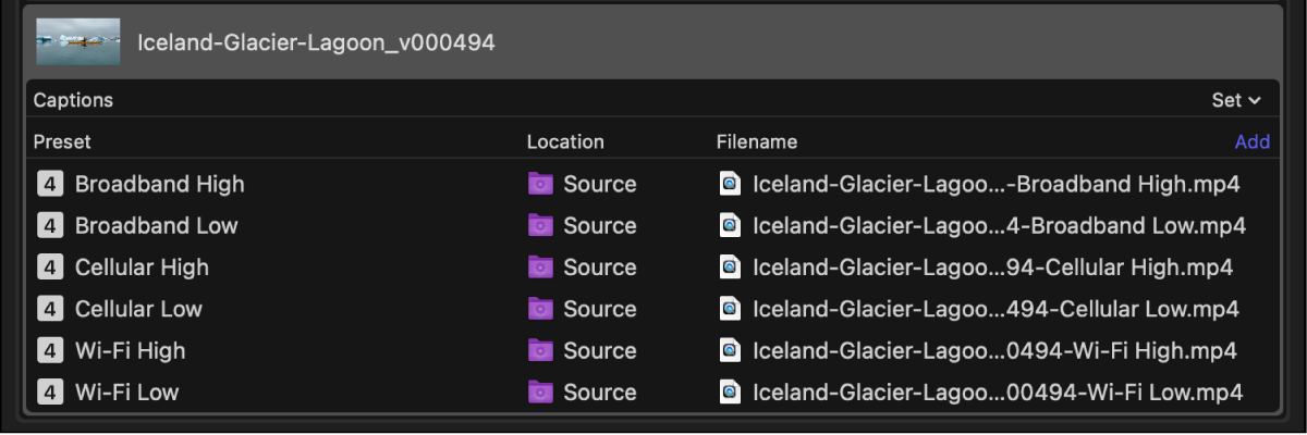 여러 출력이 할당된 하나의 작업을 보여주는 배치 영역