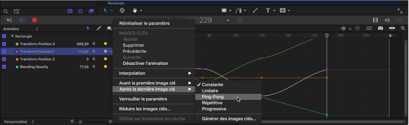 Éditeur d’images clés affichant le sous-menu « Avant la première image clé » du menu Animation