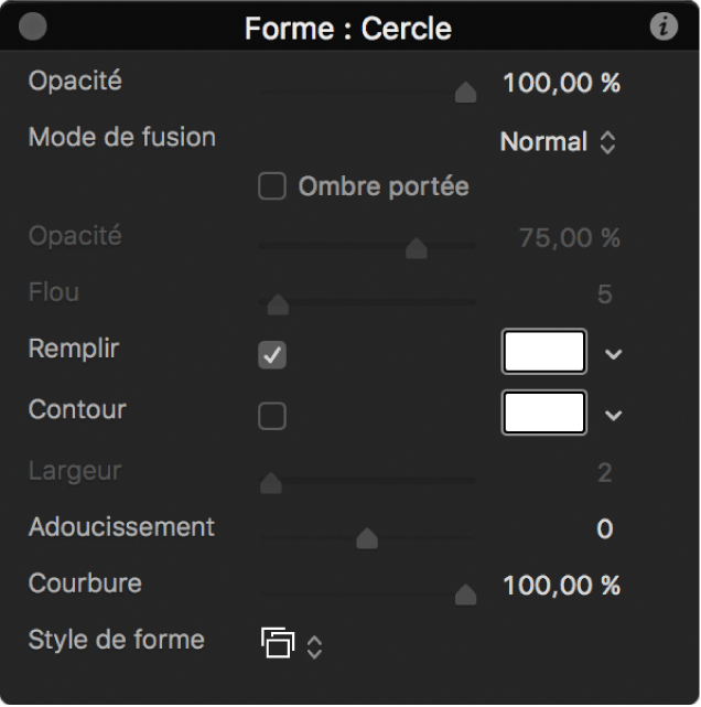 Palette affichant le curseur Opacité réglé sur 100 %