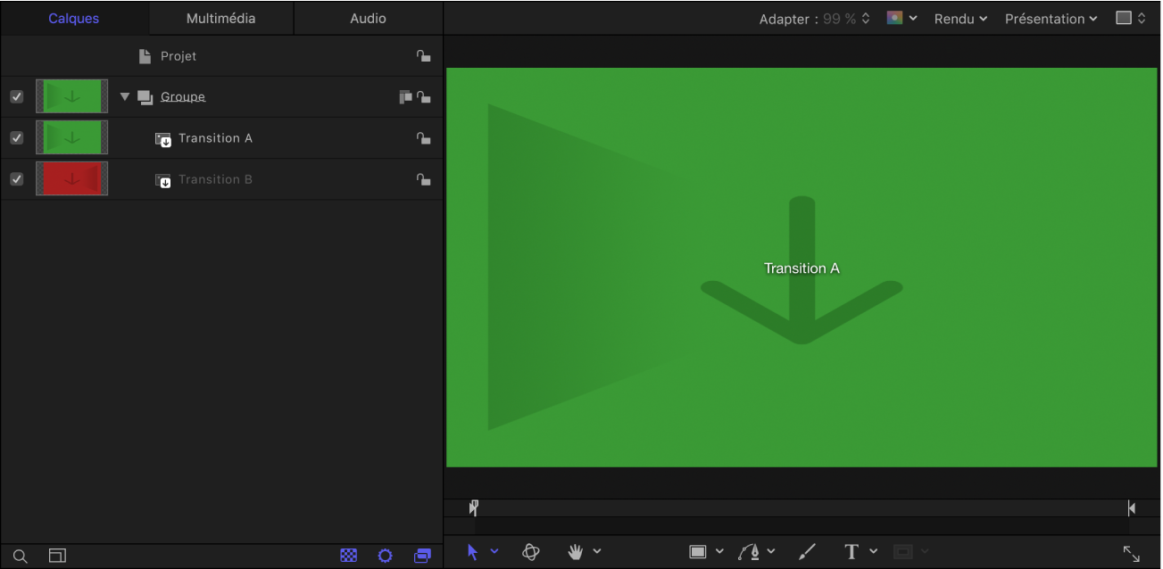 Nouveau projet de transition Final Cut affichant la liste Calques et le canevas