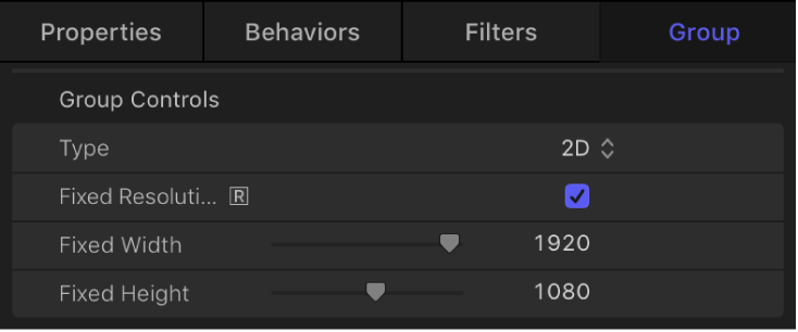 고정 해상도 체크상자가 활성화된 그룹 인스펙터