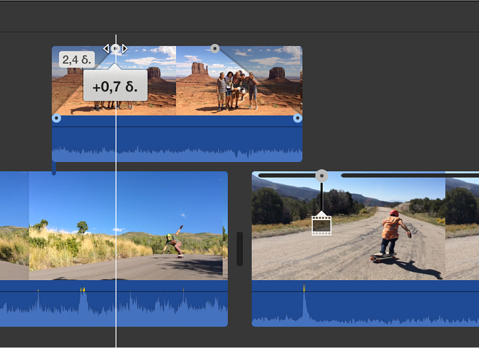 Δείκτης χειρισμού σταδιακού σβησίματος κλιπ πρόσθετου πλάνου που μεταφέρεται στη γραμμή χρόνου