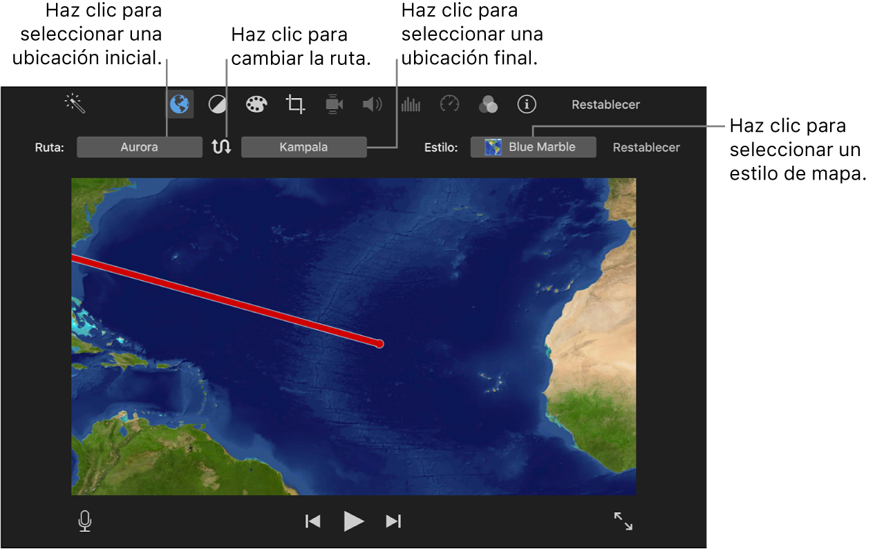 Controles del mapa de viaje animado encima del visor para ajustar la ubicación inicial y final, invertir la dirección de la ruta y seleccionar el estilo de mapa