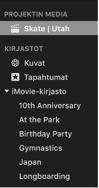 Projekti valittuna sivupalkissa