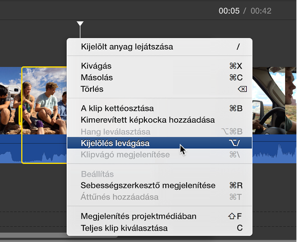 A helyi menüből kiválasztott Kijelölés levágása parancs az idővonalon
