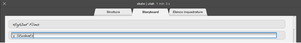Operazione di inserimento testo nel pannello Storyboard del trailer