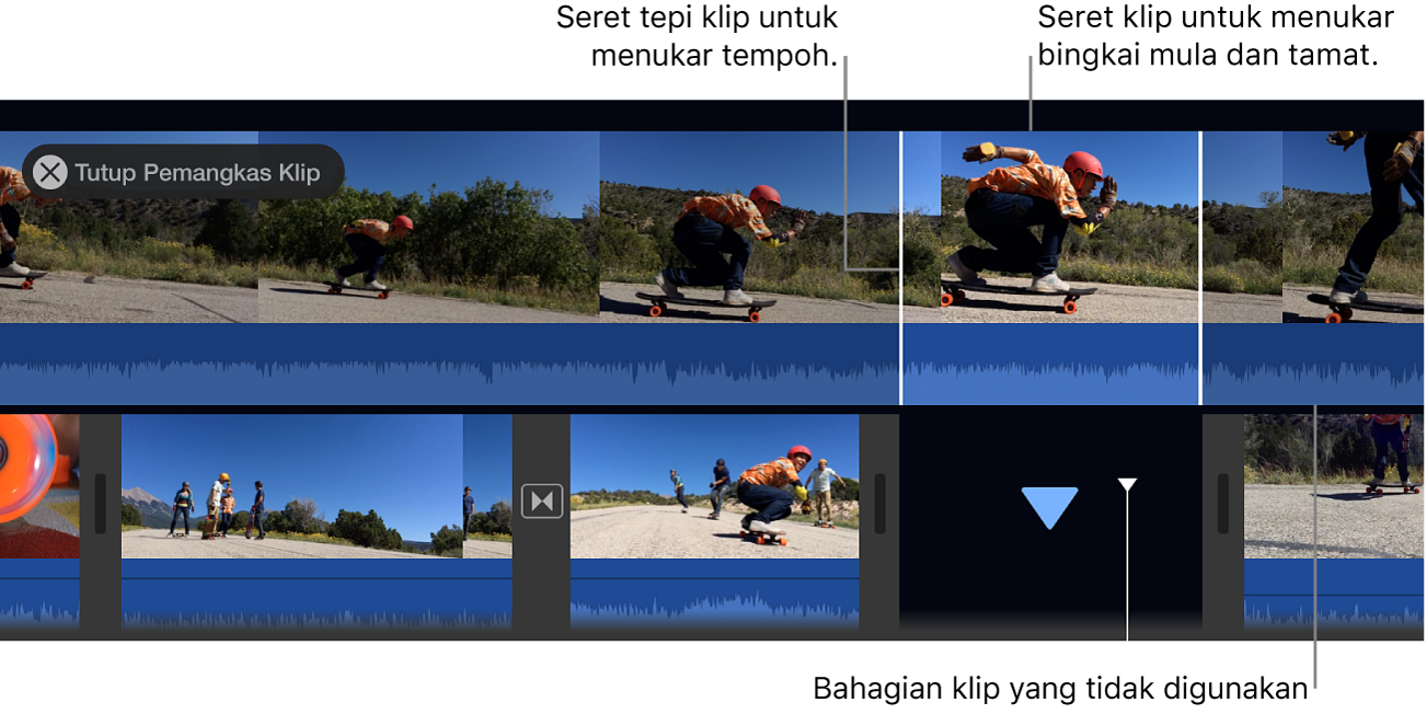 Pemangkas klip dibuka dalam garis masa, dengan pinggir klip ditunjukkan dan bahagian klip yang tidak digunakan muncul malap