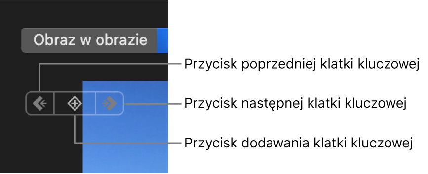 Przyciski poprzedniej klatki kluczowej, następnej klatki kluczowej i usuwania klatki kluczowej w panelu podglądu